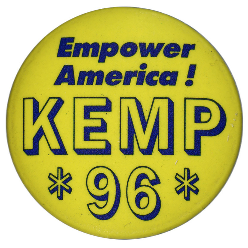 Round, yellow button with blue text reading "Empower America! KEMP 96"