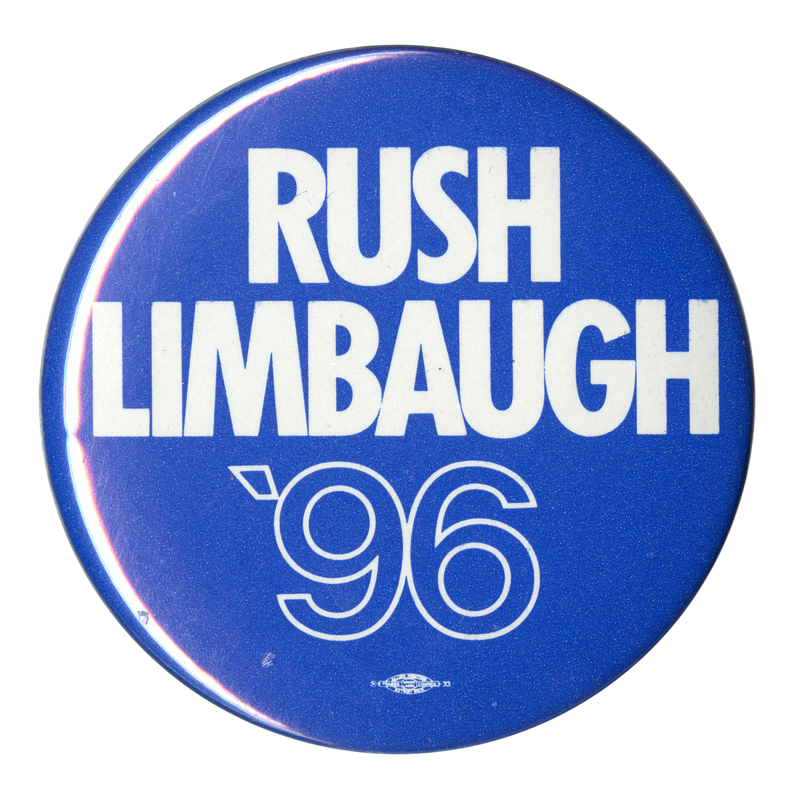 Round, blue button with white text reading "RUSH LIMBAUGH '96"
