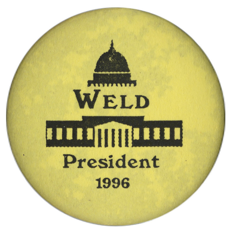 Round, yellow button with a black drawing of the US Capitol. Black text reads "WELD President 1996"