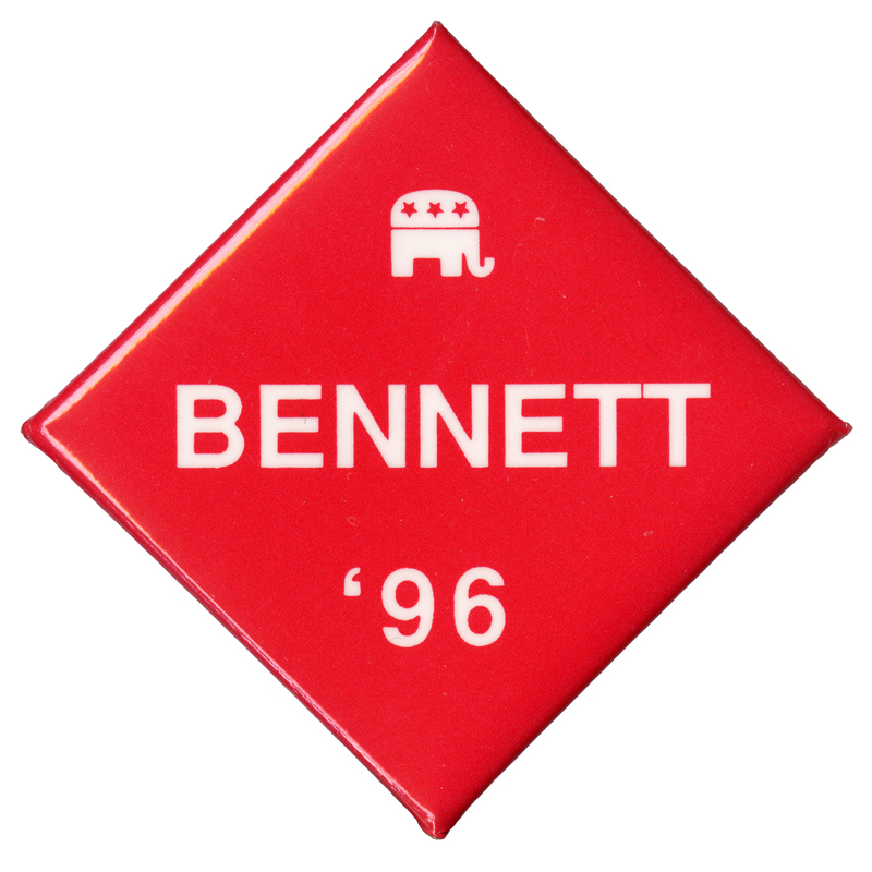 Diamond-shaped, red button with a white drawing of the GOP elephant symbol and white text reading "BENNETT '96"
