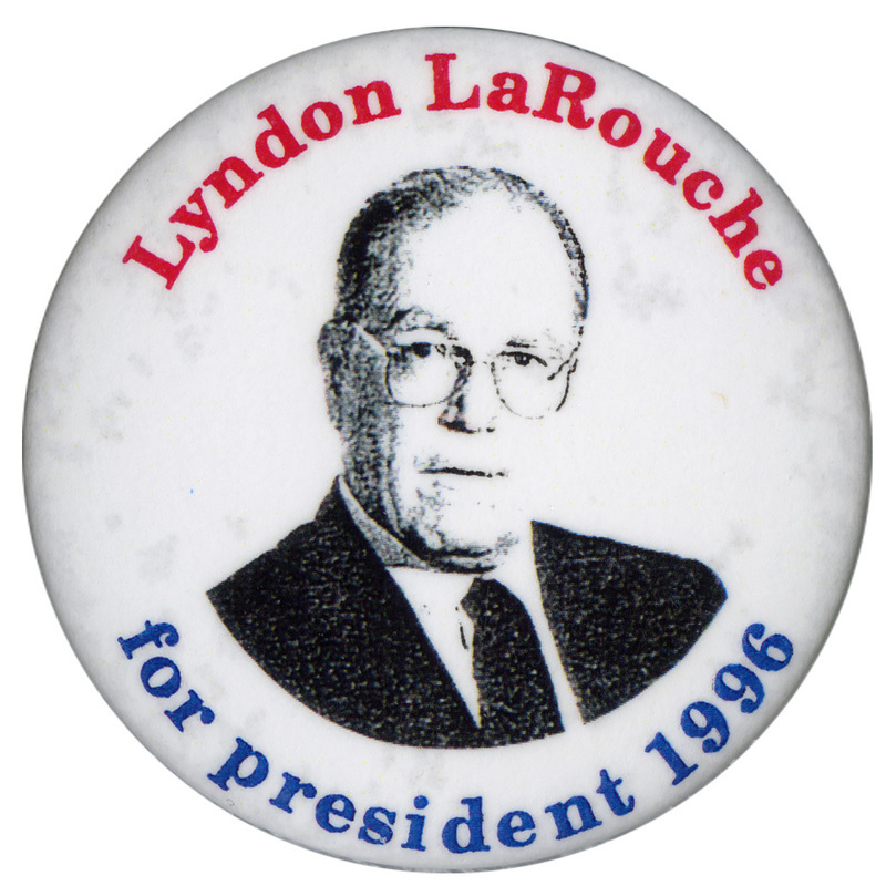 Round, white button with a black and white photograph of Lyndon LaRouche. Red and blue text reads "Lyndon LaRouche for president 1996"