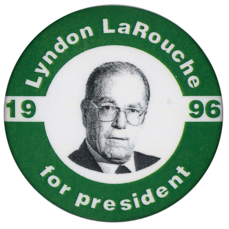Round button with a green border and a black and white photograph of Lyndon LaRouche in the center. White and green text reads "Lyndon LaRouche for president 1996"