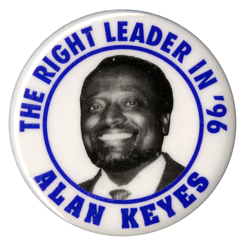 Round, white button with a black and white photograph of Alan Keyes in the center. Blue text reads "THE RIGHT LEADER IN '96 ALAN KEYES"