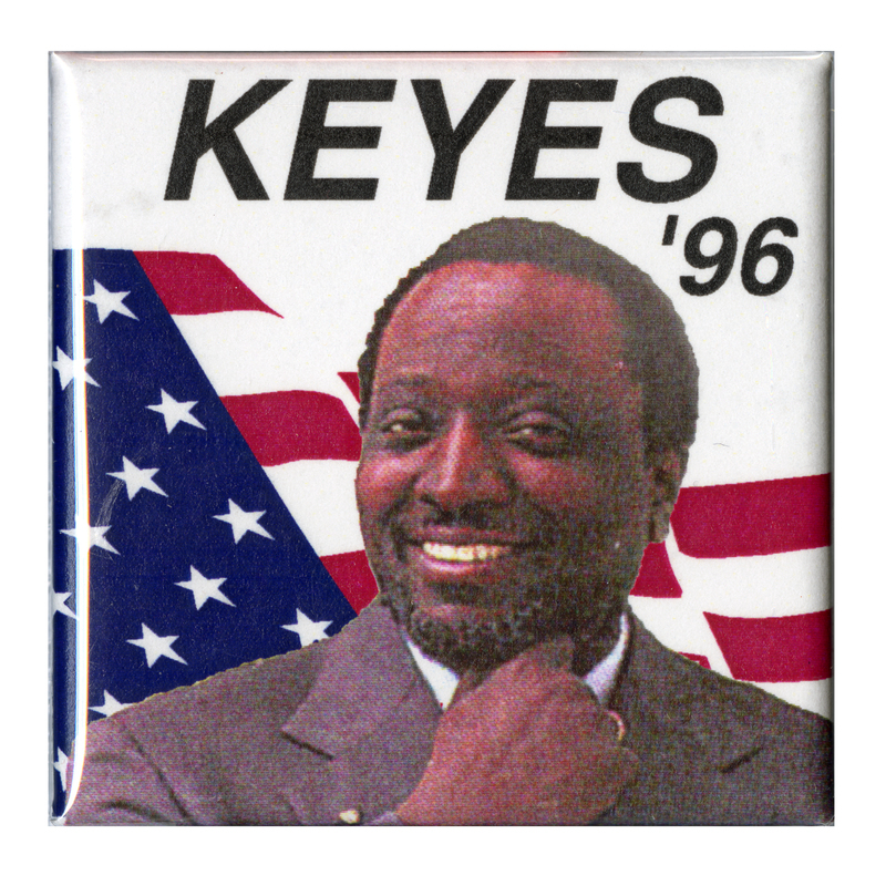 Square button with a color photograph of Alan Keyes against a US flag. Black text reads "KEYES '96"
