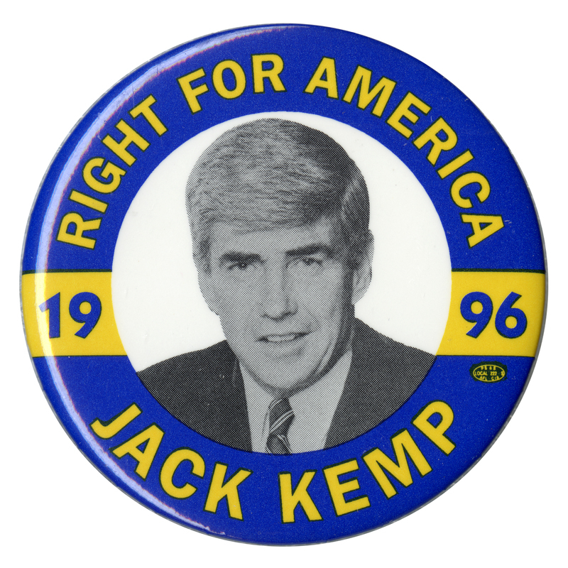 Round button with a blue and yellow border. A black and white photograph of Jack Kemp is in the center. Yellow and blue text reads "RIGHT FOR AMERICA JACK KEMP 1996"
