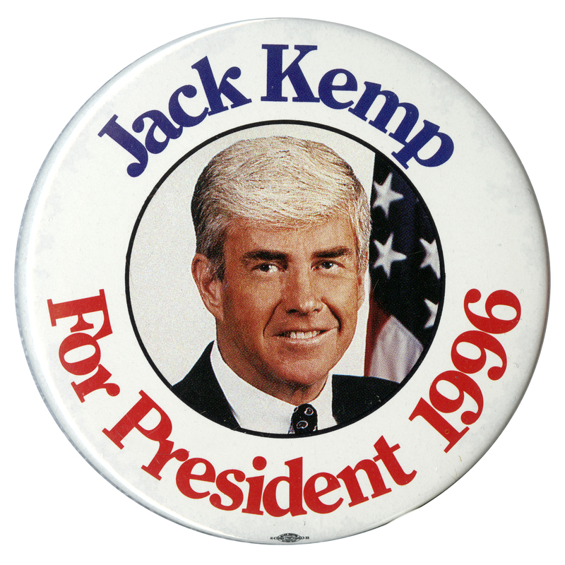 Round, white button with a color photograph of Jack Kemp in the center. Blue and red text reads "Jack Kemp For President 1996"