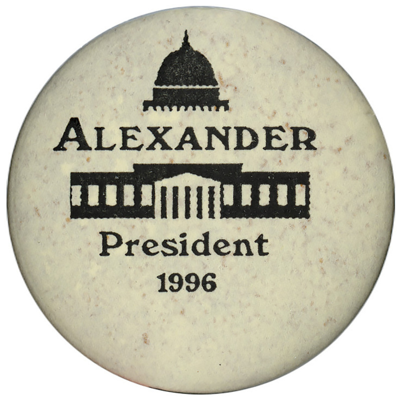 Round, white button with a black drawing of the US Capitol and black text reading "ALEXANDER President 1996"