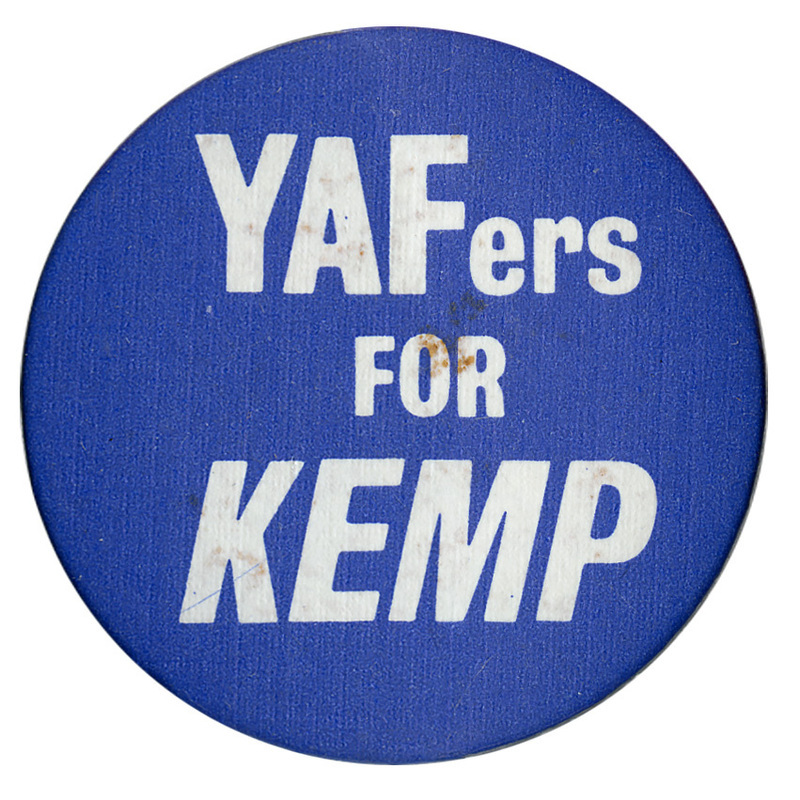 Round, blue button with white text reading "YAFers FOR KEMP"
