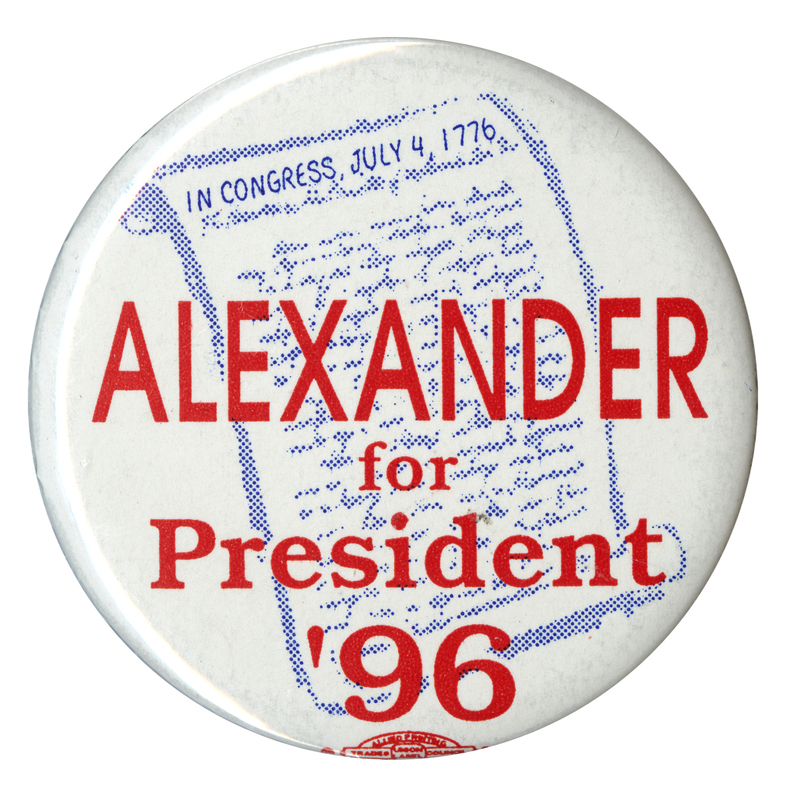 Round, white button with a blue drawing of the Declaration of Independence and red text reading "ALEXANDER for President '96"