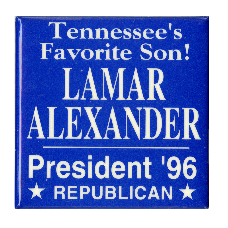 Square, blue button with white text reading "Tennessee's Favorite Son! LAMAR ALEXANDER President '96 REPUBLICAN"