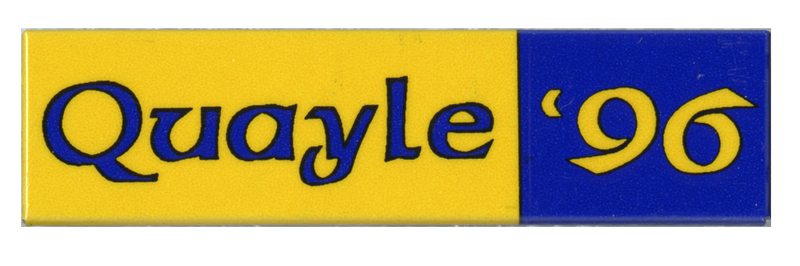 Rectangular, yellow and blue button with contrasting blue and yellow text reading "Quayle '96"