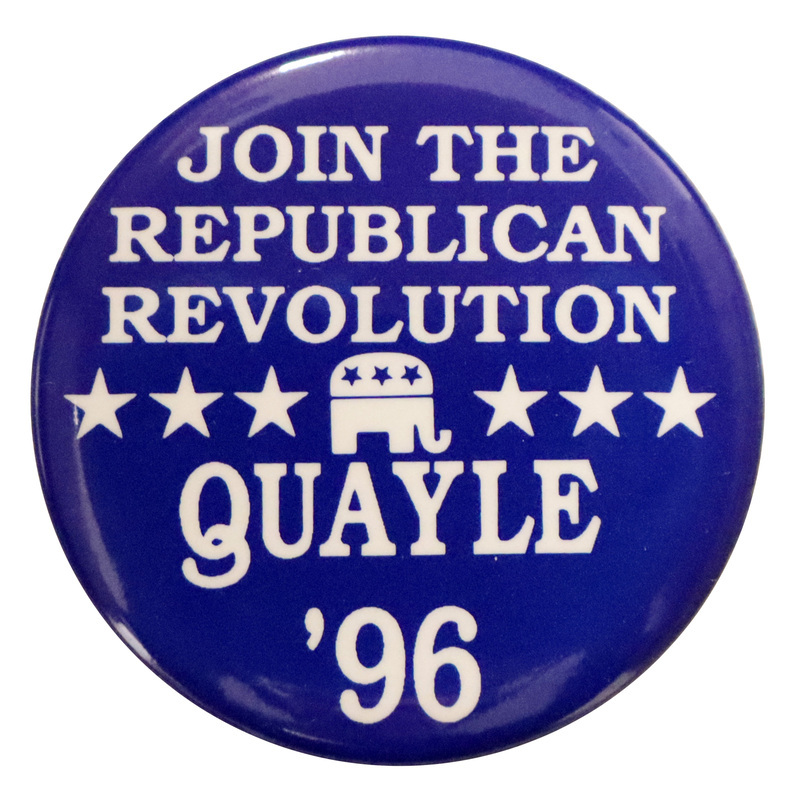 Round, blue button with a white GOP elephant symbol and white text reading "JOIN THE REPUBLICAN REVOLUTION QUAYLE '96"
