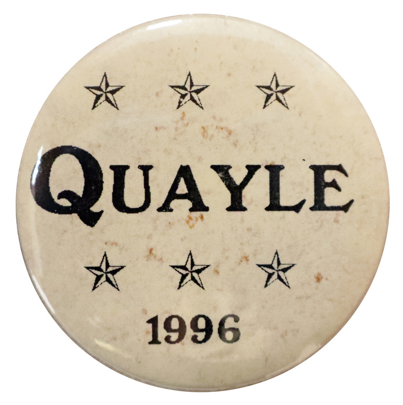 Round, off white button with black text reading "QUAYLE 1996"