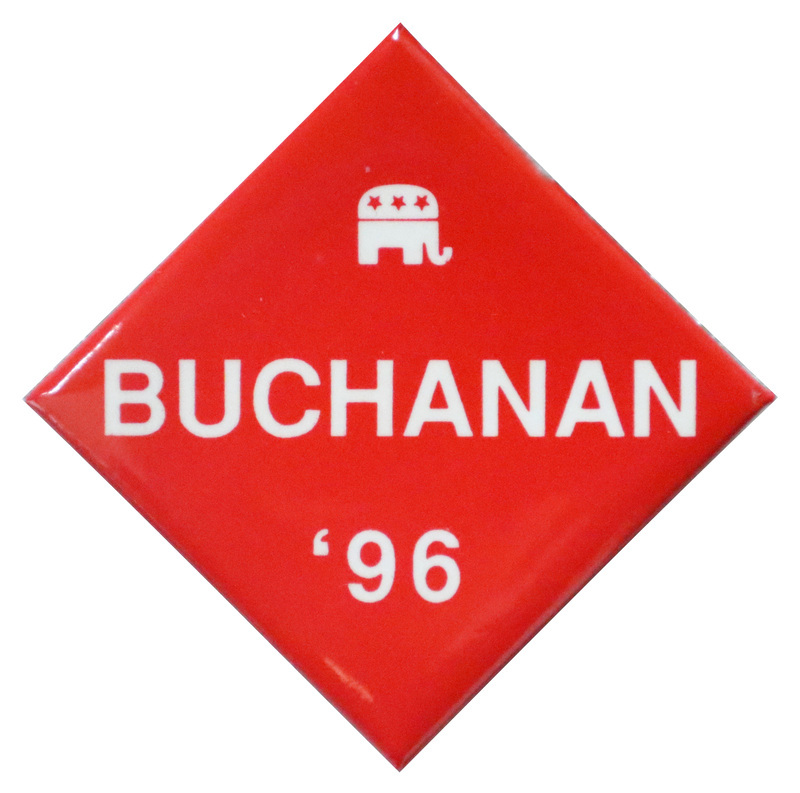 Diamond-shaped, red button with a white drawing of the GOP elephant symbol and white text reading "BUCHANAN '96"