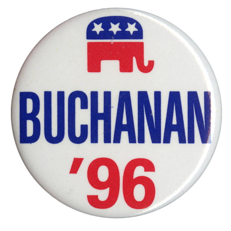 Round, white button with a blue and red GOP elephant symbol. Blue and red text reads "BUCHANAN '96"