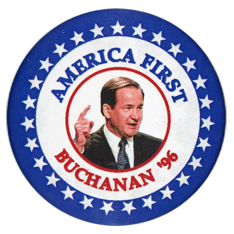 Round button with nested blue, white, and red borders with white stars. In the center is a color photograph of Pat Buchanan. Blue and red text reads "AMERICA FIRST BUCHANAN '96"