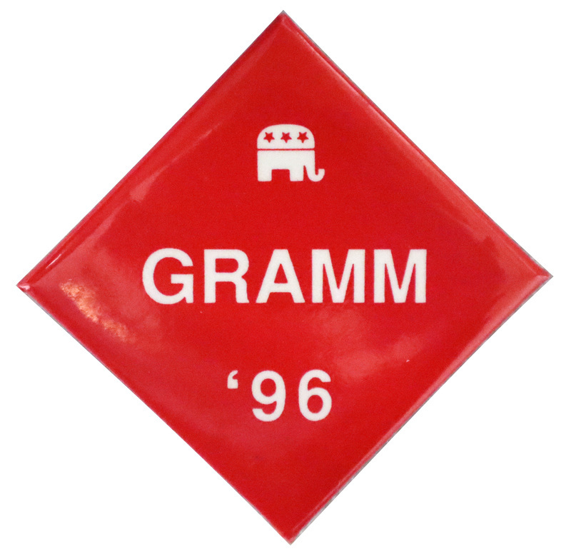 Diamond-shaped, red button with a white drawing of the GOP elephant symbol and white text reading "GRAMM '96"