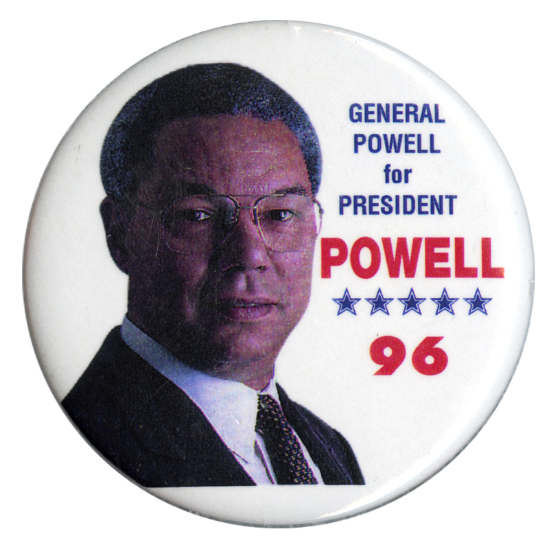 Round, white button with a color photograph of Colin Powell. Blue and red text reads "GENERAL POWELL for PRESIDENT POWELL 96"
