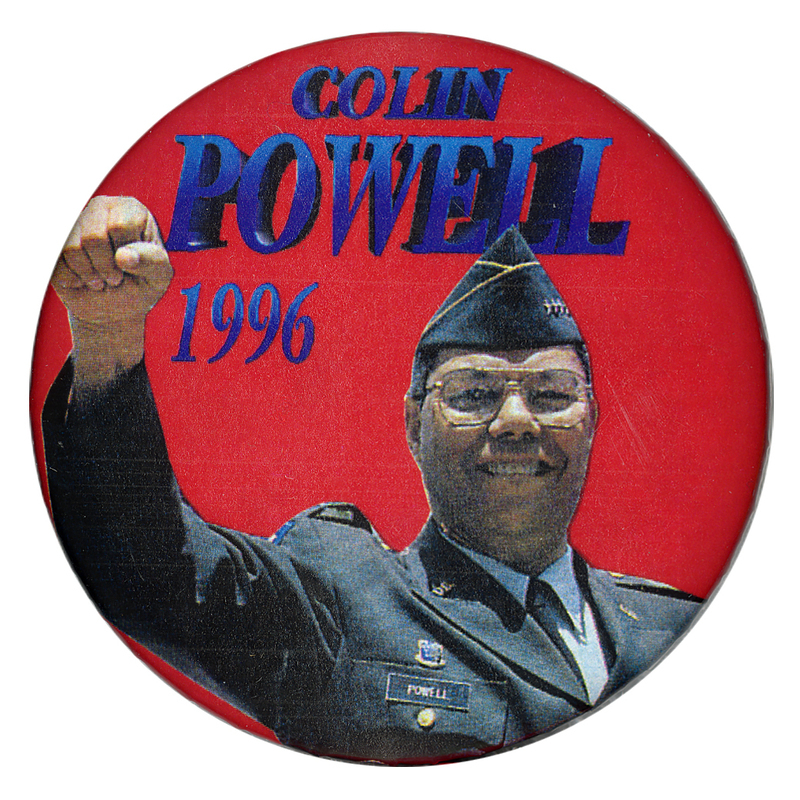 Round, red button with a color photograph of Colin Powell. Blue text reads "COLIN POWELL 1996"