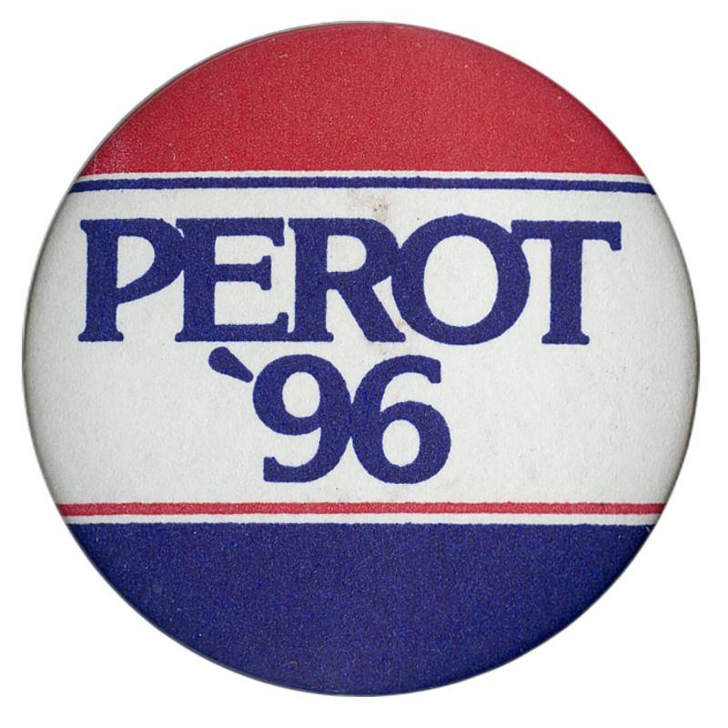 Round button with horizontal bands of red, white, and blue. Blue text reads "PEROT '96"