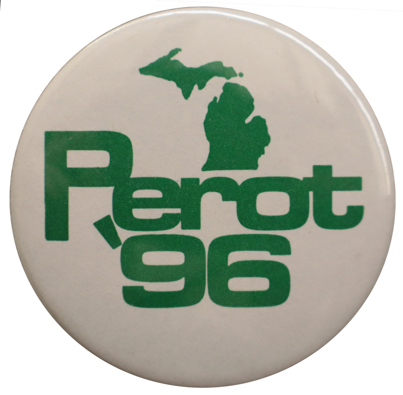 Round, white button with a green outline of the state of Michigan and green text reading "Perot '96"
