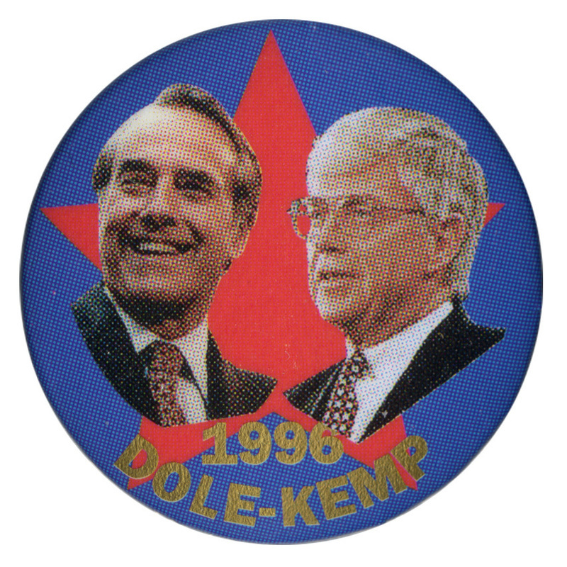Round, blue button with a large red star and color photographs of Bob Dole and Jack Kemp. Gold text reads "1996 DOLE-KEMP"