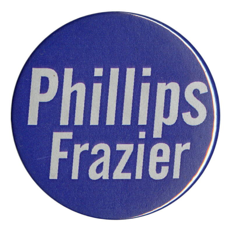 Round, blue button with white text reading "Phillips Frazier"