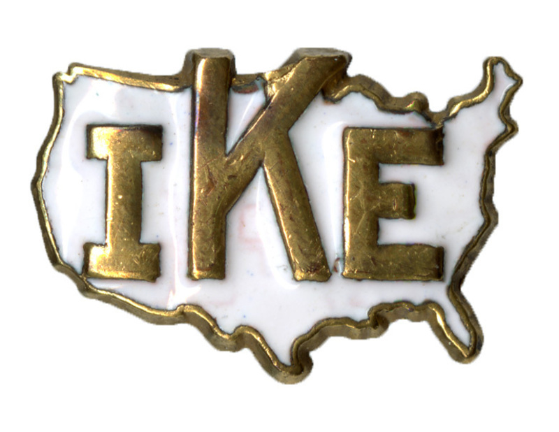 Enameled gold and white pin with gold text reading "IKE"