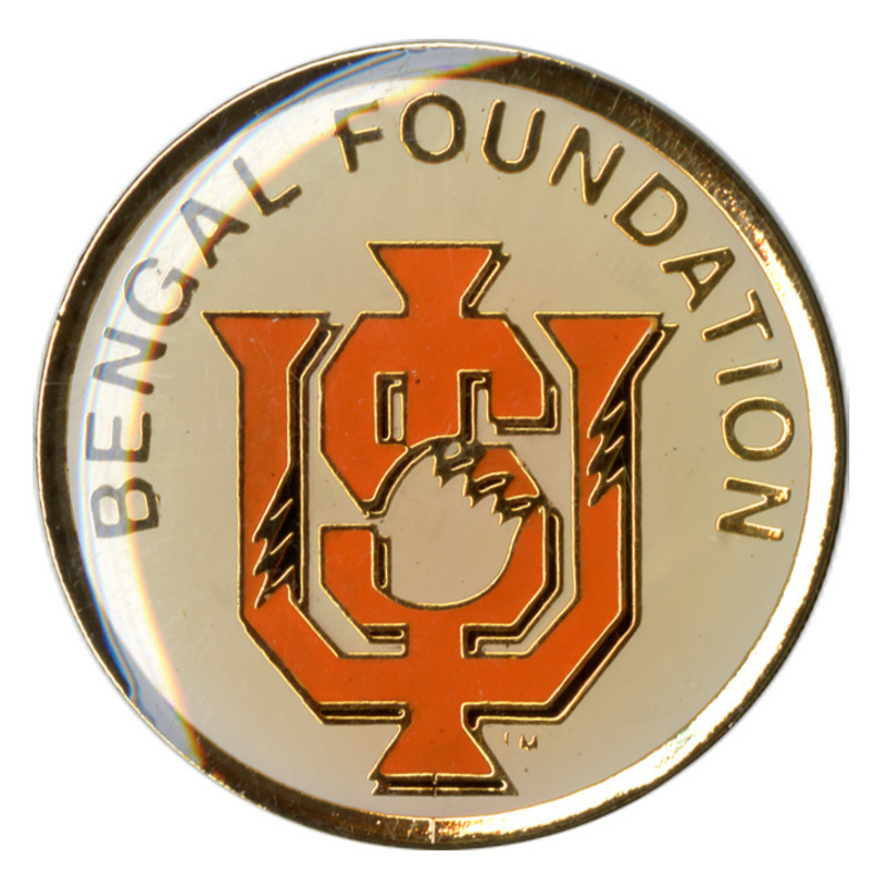 Round, enameled white pin with interlocking orange letters reading "ISU" and black text reading "BENGaL FOUNDATION"