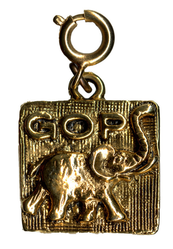 Rectangular, gold pin with an embossed elephant and text reading "GOP"