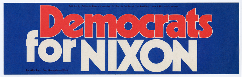 Rectangular, blue bumper sticker with red and white text reading "Democrats for NIXON"