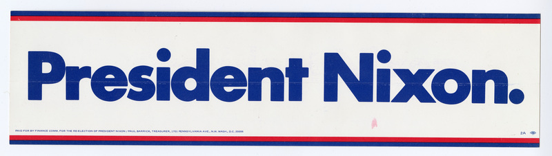 Rectangular, white bumper sticker with blue and red border and blue text reading "President Nixon."