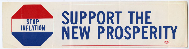 Rectangular, white bumper sticker with a red, white, and blue stop sign and blue text reading "STOP INFLATION SUPPORT THE NEW PROSPERITY"