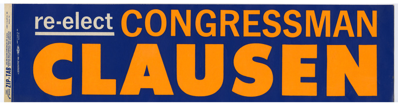 Rectangular, blue bumper sticker with white and yellow text reading "re-elect CONGRESSMAN CLAUSEN"