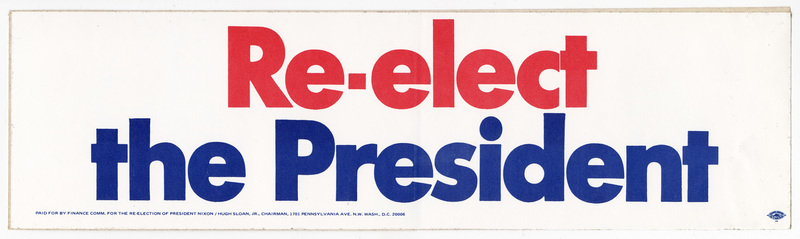 Rectangular, white bumper sticker with red and blue text reading "Re-elect the President"