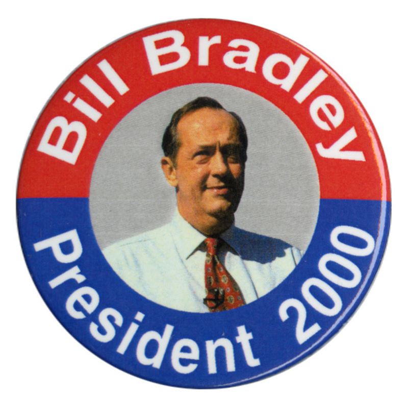 Round button with a red and blue border. In the center is a color photograph of Bill Bradley. White text reads "Bill Bradley President 2000"