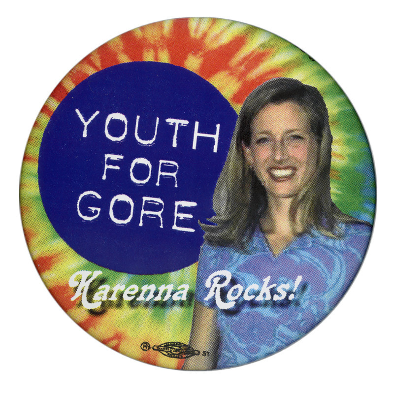Round button with a color photograph of Karenna Gore against a rainbow tie-dye background. White text reads "YOUTH FOR GORE Karenna Rocks!"