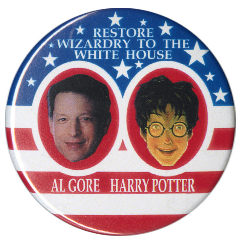 Round button with a background of red, white, and blue stars and stripes. In the center are a color photograph of Al Gore and a color illustration of Harry Potter. White text reads "RESTORE WIZARDRY TO THE WHITE HOUSE AL GORE HARRY POTTER"