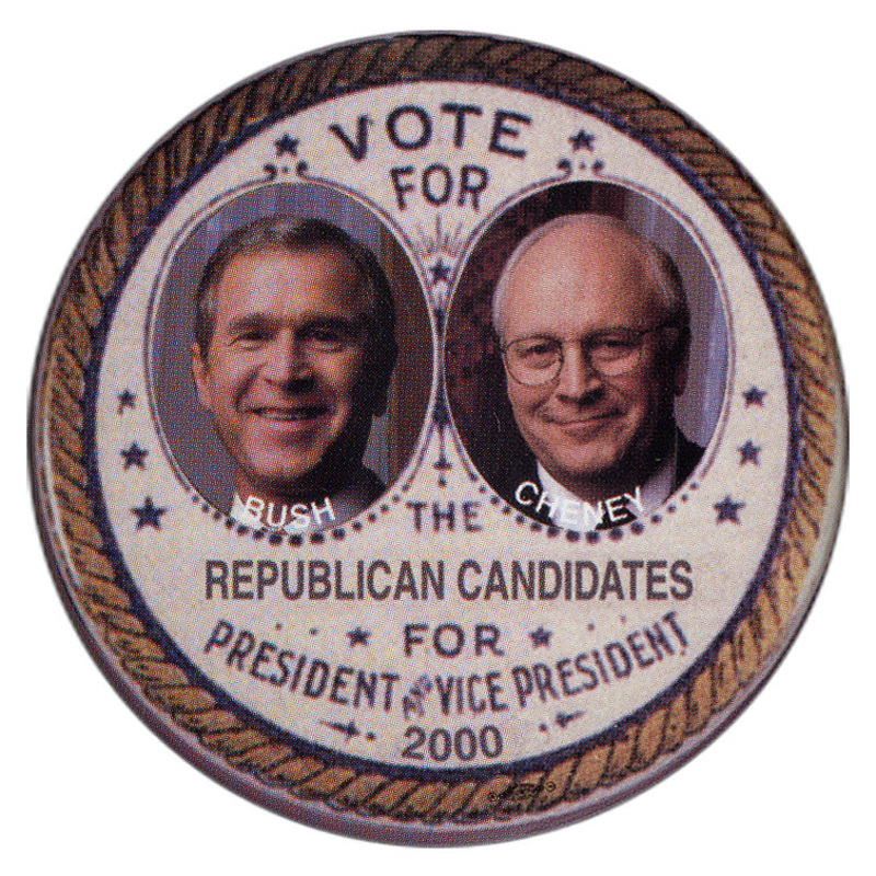 Round, white button bordered by a brown illustration of rope. In the center are color photographs of George W. Bush and Dick Cheney. Black text reads "VOTE FOR THE REPUBLICAN CANDIDATES FOR PRESIDENT AND VICE PRESIDENT 2000 BUSH CHENEY"