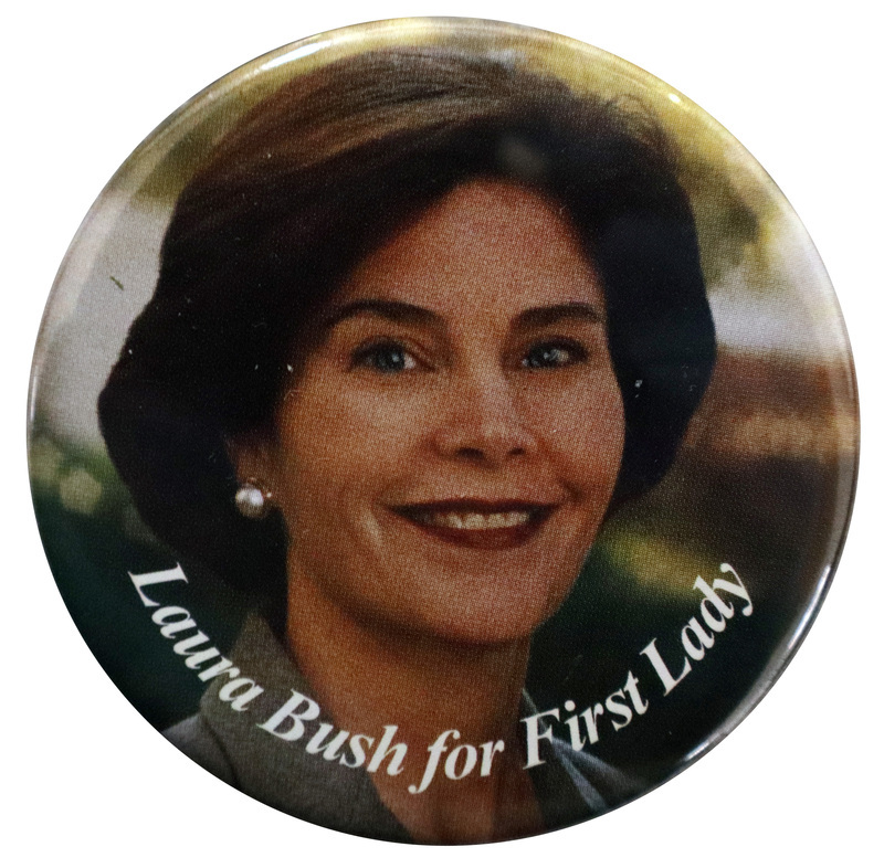 Round, color photograph of Laura Bush. White text reads "Laura Bush for First Lady"