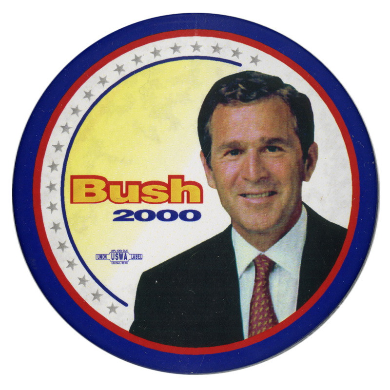 Round button with a border of blue, red, and white with silver stars. In the center is a color photograph of George W. Bush against a yellow background. Yellow, red, and blue text reads "Bush 2000"