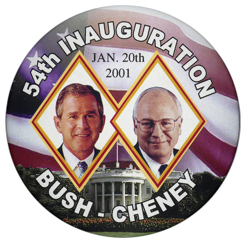 Round button with layered color photographs of George W. Bush, Dick Cheney, the White House, and a US flag. White and black text reads "54th INAUGURATION JAN. 20th 2001 BUSH-CHENEY"