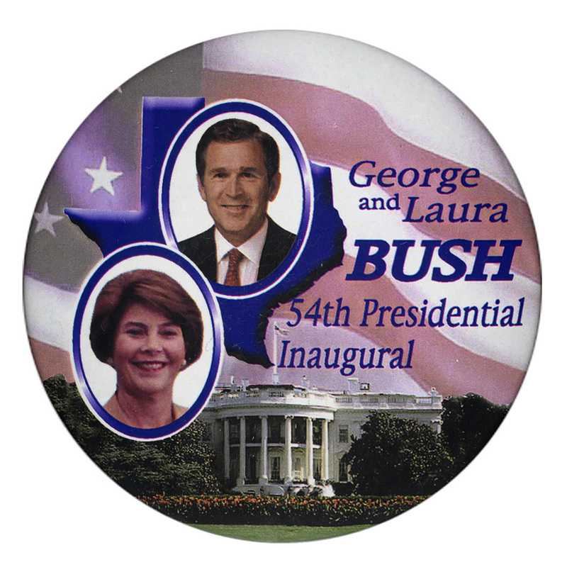 Round button with color photographs of George W. Bush and Laura Bush against a blue outline of the state of Texas and color photographs of the White House and a US flag. Blue text reads "George and Laura Bush 54th Presidential Inaugural"