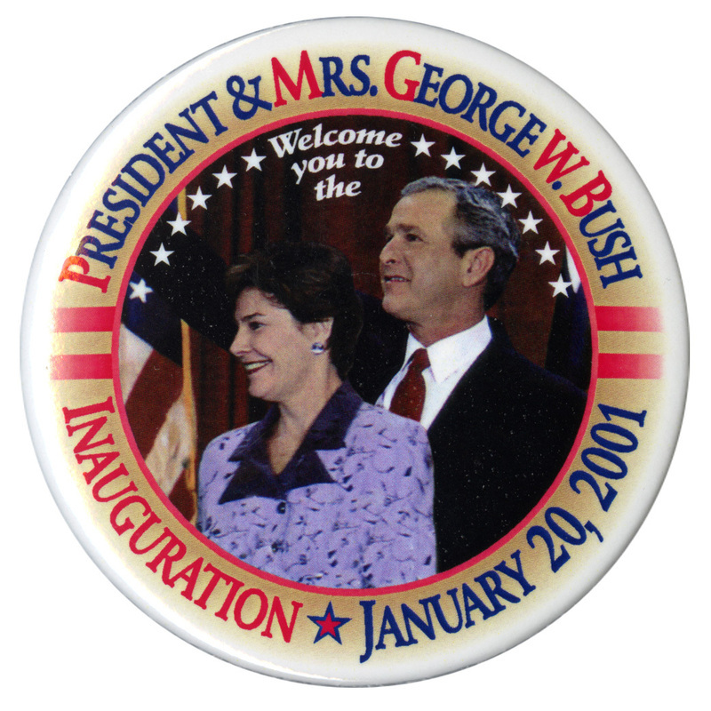 Round button with a white, beige, and red border. In the center is a color photograph of Laura and George W. Bush. Red, blue, and white text reads "PRESIDENT & MRS. GEORGE W. BUSH Welcome you to the INAUGURATION JANUARY 20, 2001"