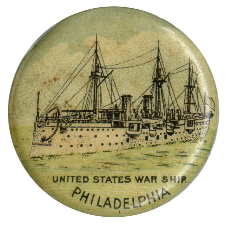 Round button with a black and white illustration of the USFS Philadelphia against a blue sea and sky. Black text reads "UNITED STATES WAR SHIP PHILADELPHIA"