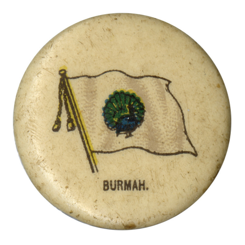 Round, white button with a color illustration of the flag of Burma during the 19th century, a stylized peacock on a white background. Black text reads "BURMAH."