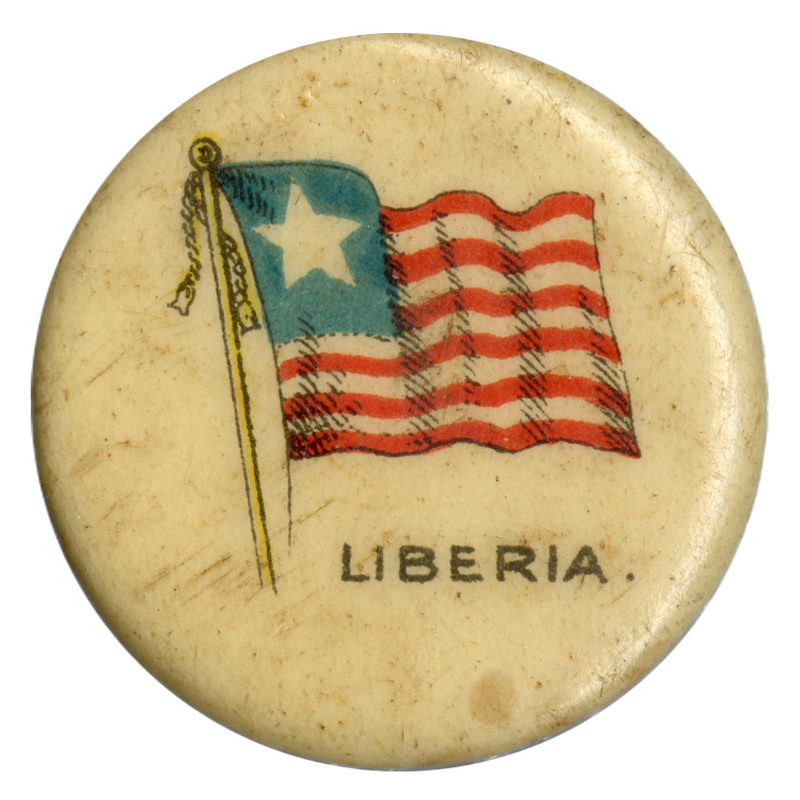 Round, white button with a color illustration of the flag of Liberia, horizontal red and white stripes with a single white star on a blue field in the upper left corner. Black text at the bottom reads "LIBERIA."