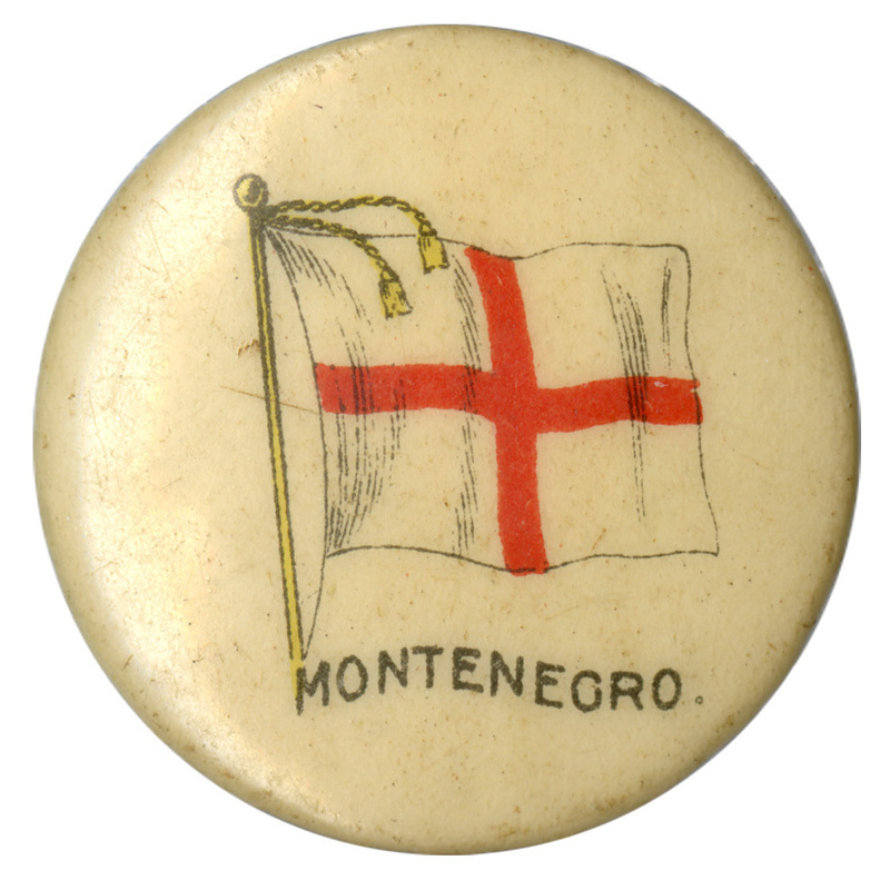 Round, white button with a color illustration of the naval ensign flag of Montenegro, a red cross on a white field. Black text at the bottom reads "MONTENEGRO."