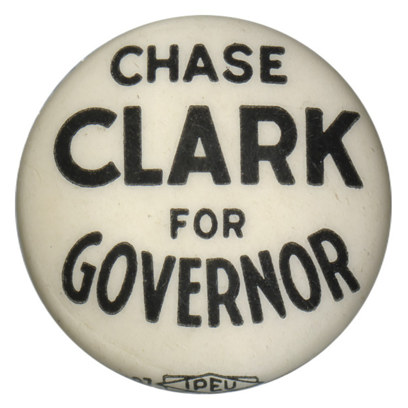 Round, white button with black text reading "CHASE CLARK FOR GOVERNOR"
