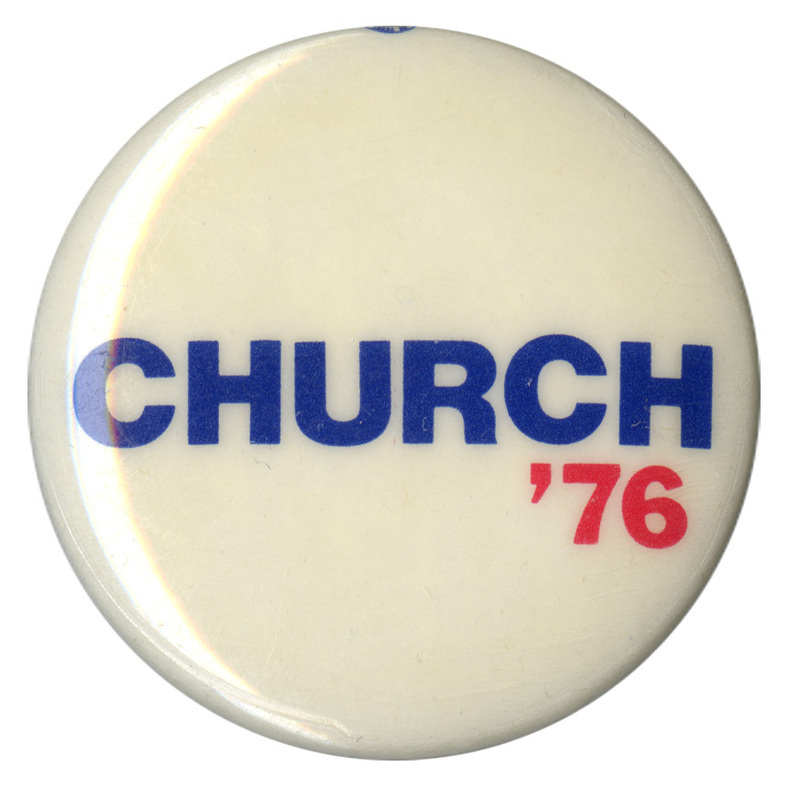 Round, white button with blue and red text reading "CHURCH '76"